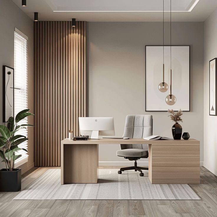 Minimal executive office with wooden slat partition